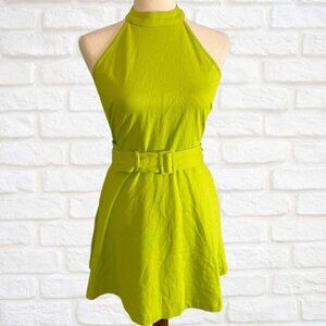 NWT NY&Co. Green High Neck Halter Dress Fit Flare Size Medium Retro Belted Brat